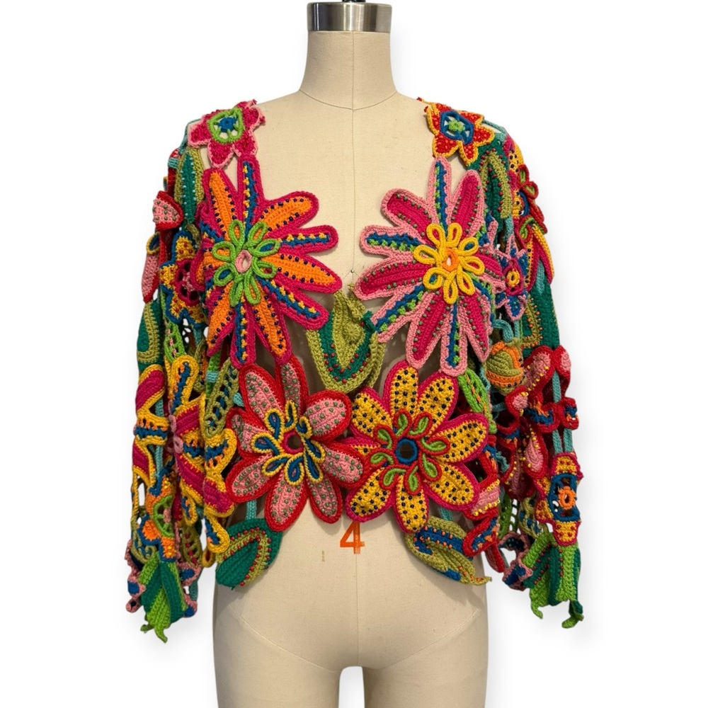 RARE Vintage MICHAEL SIMON Vibrant Multicolor Floral Crochet Beaded Cardigan - Picture 2 of 7